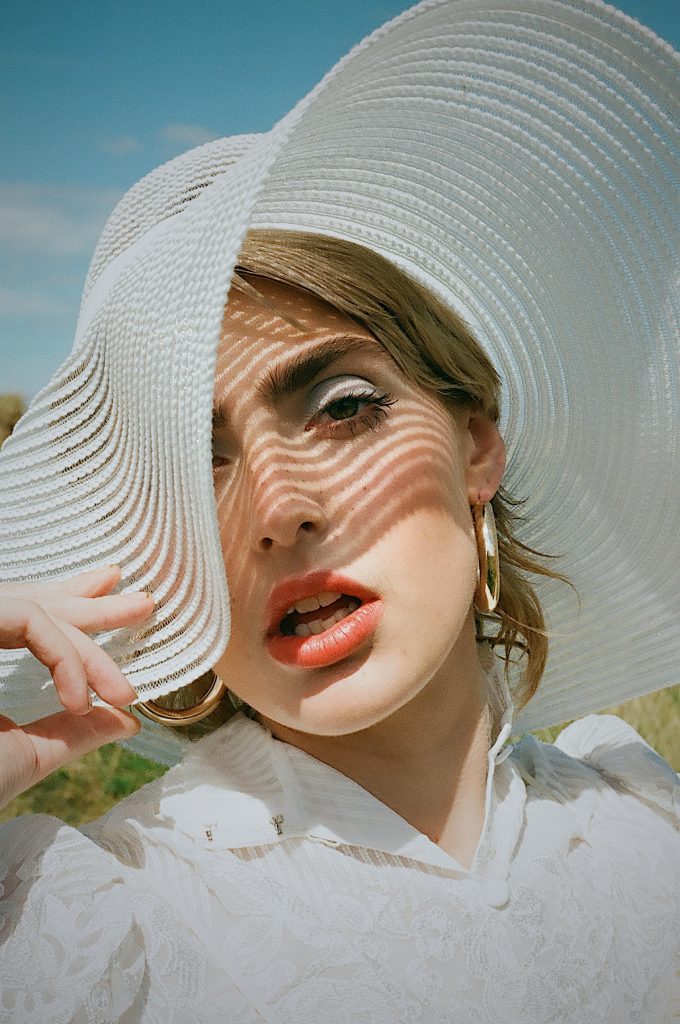 fashion editorial blue eyeshdaow peach lip 60s 70s style