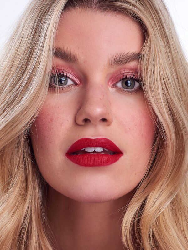 beauty makeup editorial red lip pink eyeshadow hannah cooper model victoria holdstock makeup artist