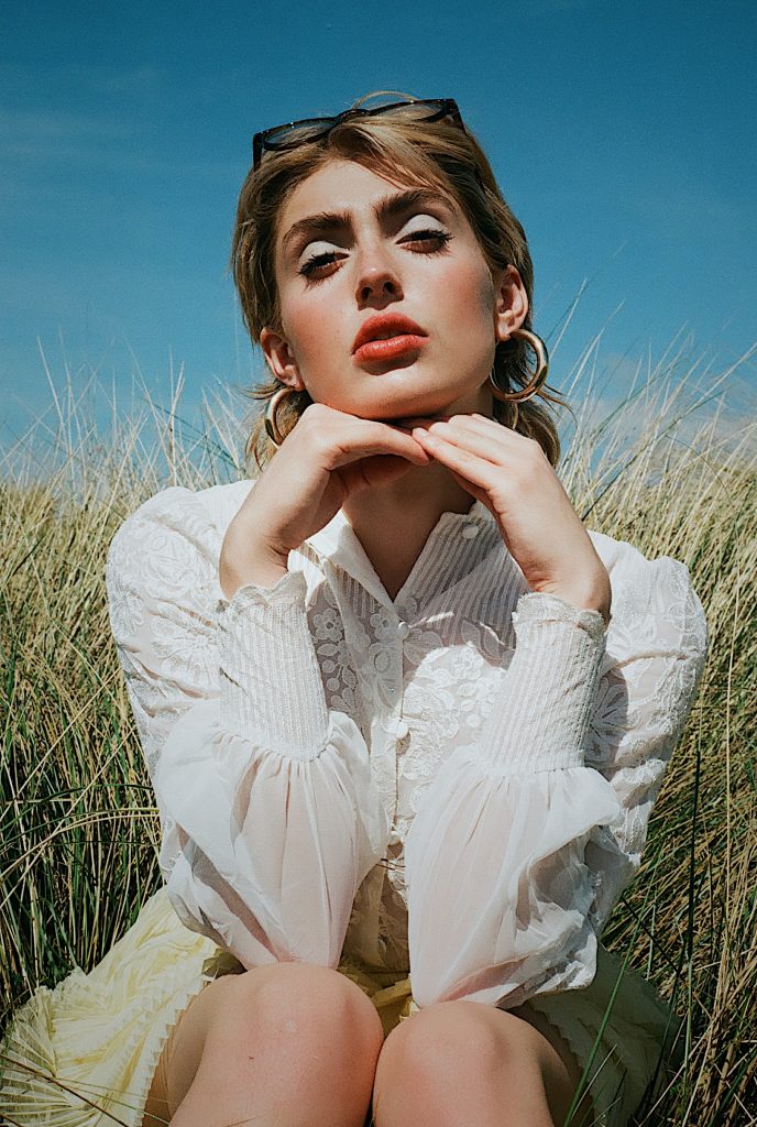 fashion editorial blue eyeshdaow peach lip 60s 70s style